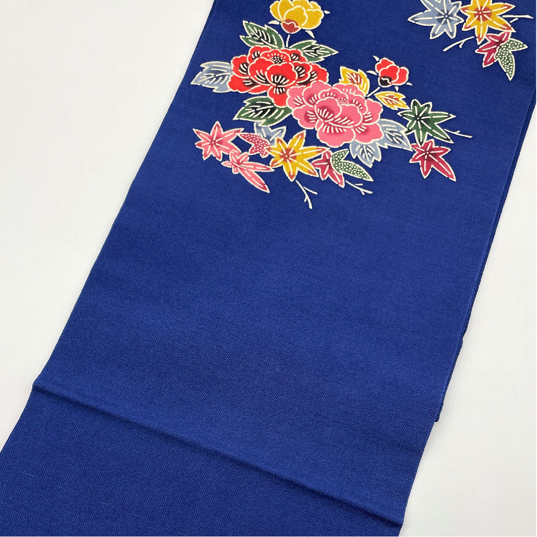 名古屋帯 深縹色 紅葉 菊 作家物 京紅型 帯丈332.5cm 正絹 Sランク ポイント柄 カジュアル 青系 1124002952317 名古屋仕立て