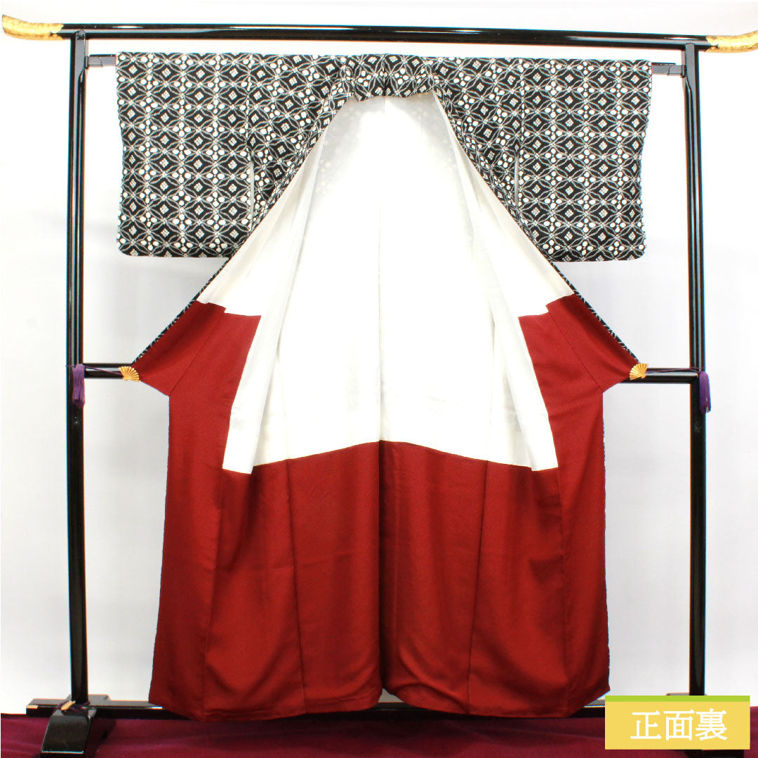 小紋 正絹 身丈156cm 裄丈62cm 袷 絞り 七宝 Sランク 黒系 1115003892310