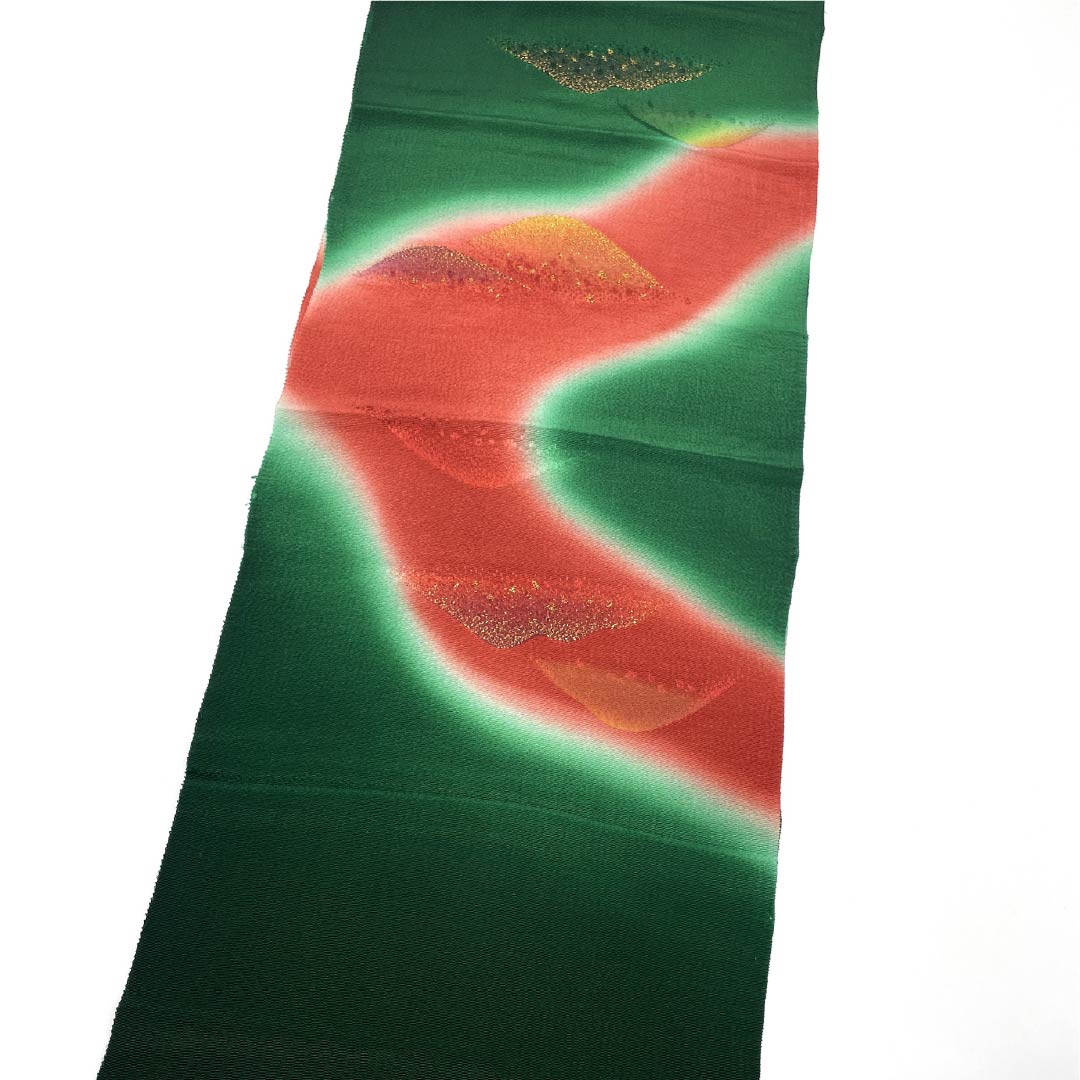 S-Rank Silk Obiage (Semi-Formal) in Velvet and Oxblood Red with a Classic Toyama Pattern, Approximately 180cm Long, 31.5cm Wide, Green, Product Number: 1136002142919