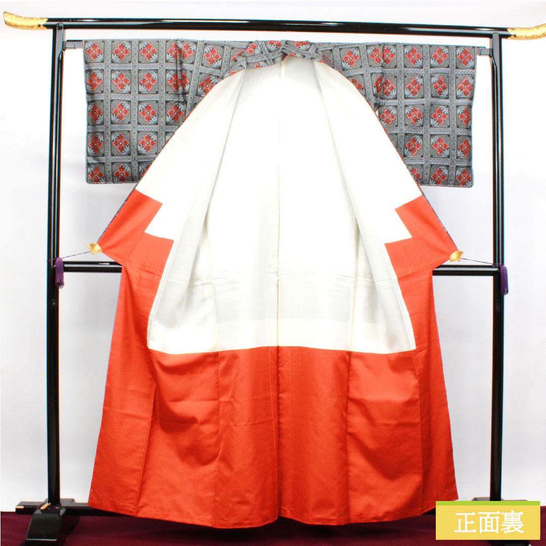 村山大島紬 正絹 身丈155cm 裄丈62.5cm 幾何学模様 Aランク 袷 黒系 1116003023310