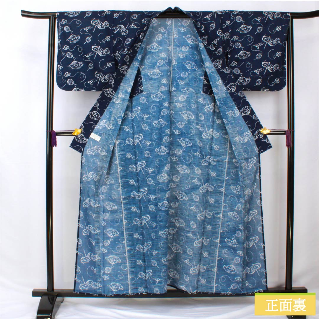 Yukata Cotton Length 157cm Sleeve length 65cm A rank Single layer Navy blue Umbrella Fan pattern 1118005603318