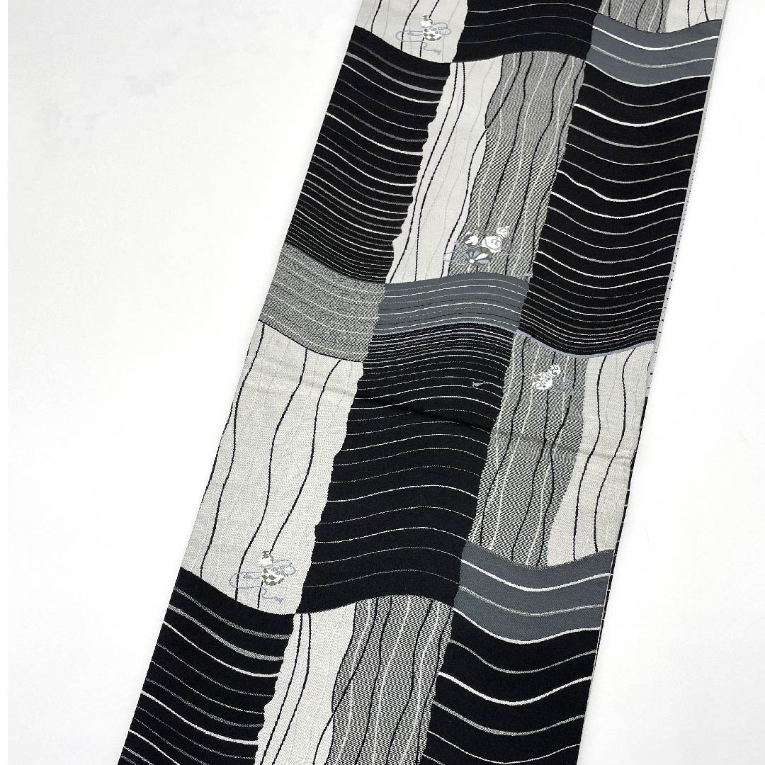 Fukuro Obi, Checkered Pattern, Gourd Pattern, Monotone, Length 438cm, Pure Silk, S Rank, Six-way, Casual, Gradient Style, 1123008812399