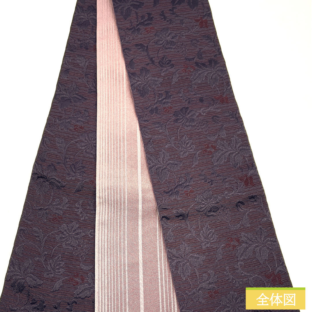 (New) Half-width obi, polyester, NEW rank, eggplant dark blue, medium purple, karahana-style stripes, reversible, obi length 400cm, purple family, 1125002451420
