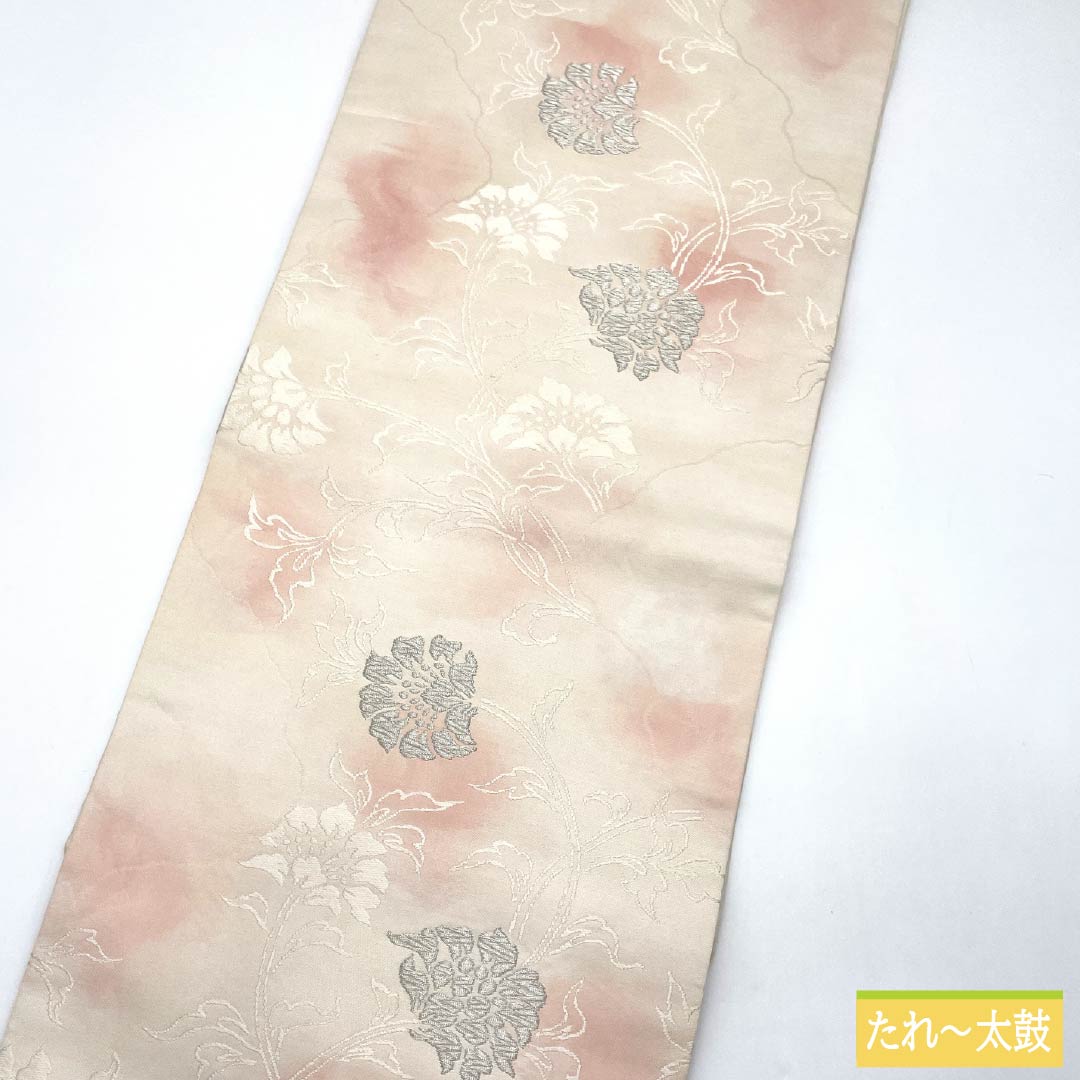 名古屋帯 正絹 Sランク 白練色(しろねりいろ) 洋花 帯丈353cm 六通 セミフォーマル 白系 1124009532311 名古屋仕立て