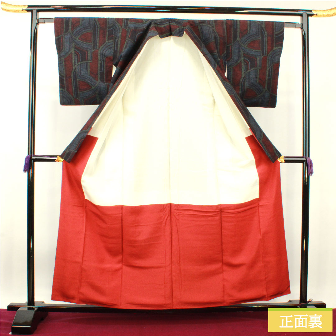 紬 正絹 身丈159cm 裄丈62cm 抽象模様 Sランク 袷 紺系 1116003422318