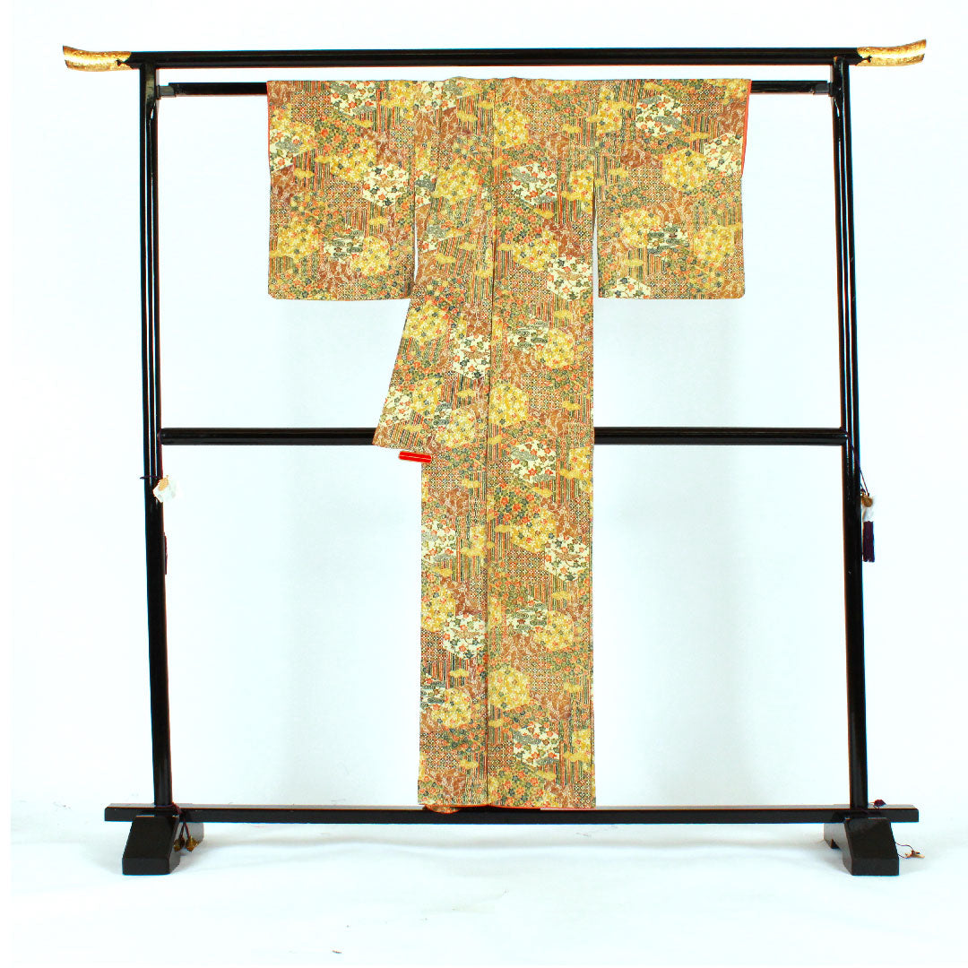 小紋 身丈155cm 裄丈63cm 袷 亀甲 吉祥文様 正絹 Sランク 黄系 1115001452323