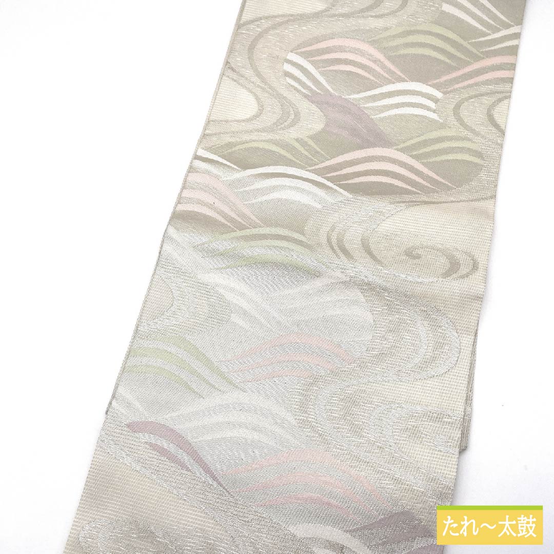 Nagoya Obi, Pure Silk, Kanze Ryusui Design, Summer Obi, Dried Leaf Pattern, Wave Pattern, Length 372cm, Rank B, Six-Ply, Semi-Formal, Silver, 1124008754322, Nagoya Style