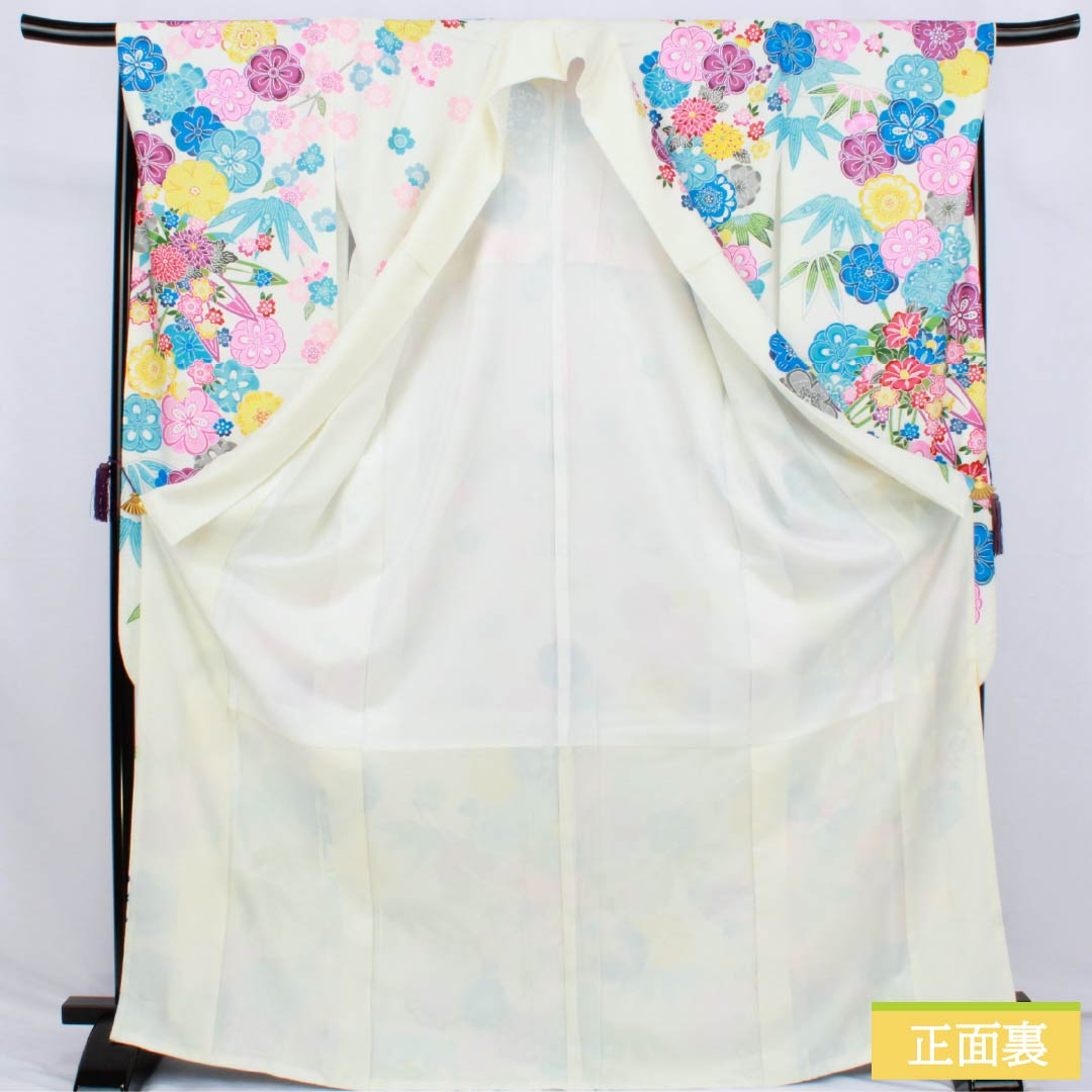 Polyester Furisode, S Rank, Length 172cm, Sleeve-to-shoulder 67cm, Lined, White, All-over floral and sayagata pattern, Washable Kimono, White tone, 1113002852611