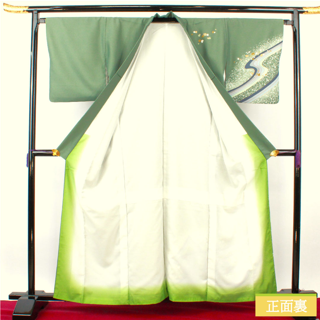 Homongi (formal kimono) made of polyester, lined, length 160.5cm, sleeve length 66cm, Chigusairo (chigusai-iro), washable kimono, flowing water, A rank, green, 1112004603419