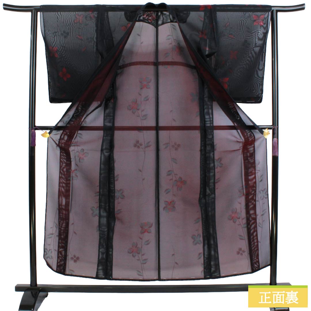 夏物 正絹 お召 Sランク 身丈155cm 裄丈63cm 褐色(かちいろ) 草花模様 紗 紫系 1132004292320