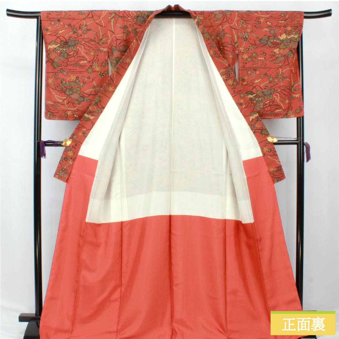 Small-patterned kimono, polyester, S rank, length 169.5cm, sleeve length 67cm, lined, scarlet copper (hidoushoku) color, stencil-dyed floral pattern, with basting thread, washable, brown, 1115007112514