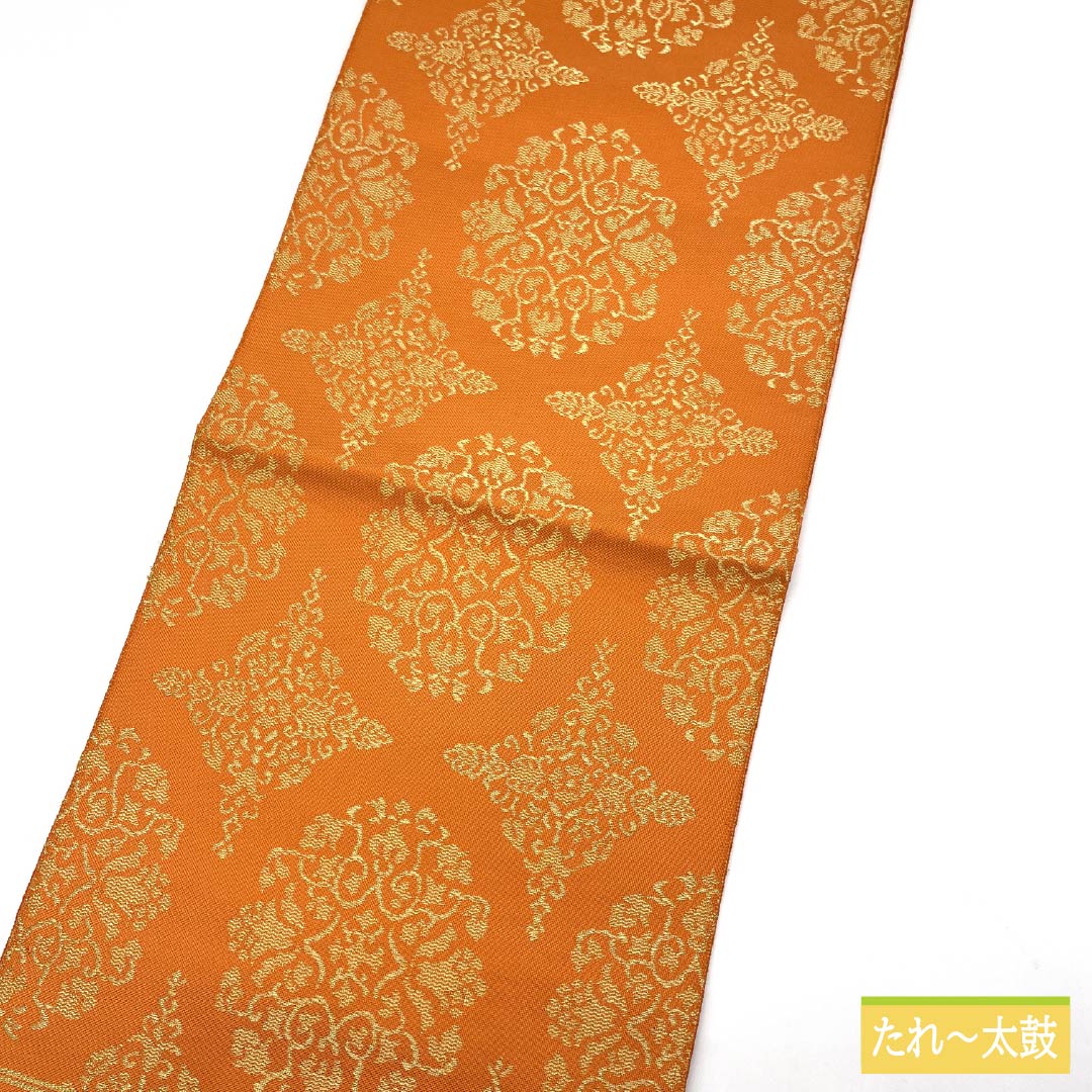 Nagoya Obi, Ouni-iro (Orange), Shosoin Treasure Design, 370cm Long, Pure Silk, S-Rank, Six-Ply, Semi-Formal, Orange, 1124008422326, Pine Needle Pattern