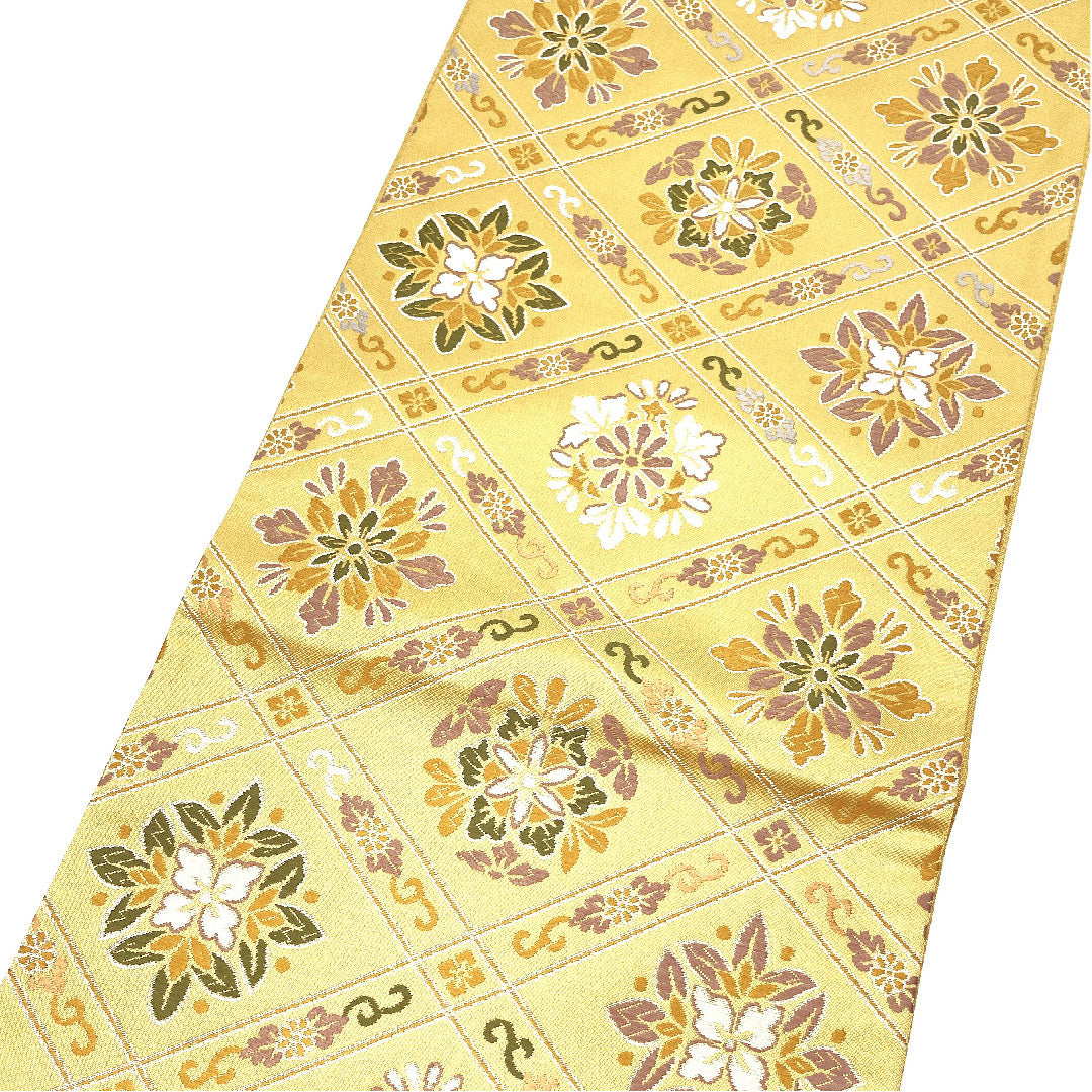 【Unhemmed】Fukuro Obi Silk NEW Rank Floral Hishimon Hitotsuginu Obi Length 452cm Rokutsu Semi-formal Yellow 1123002511423