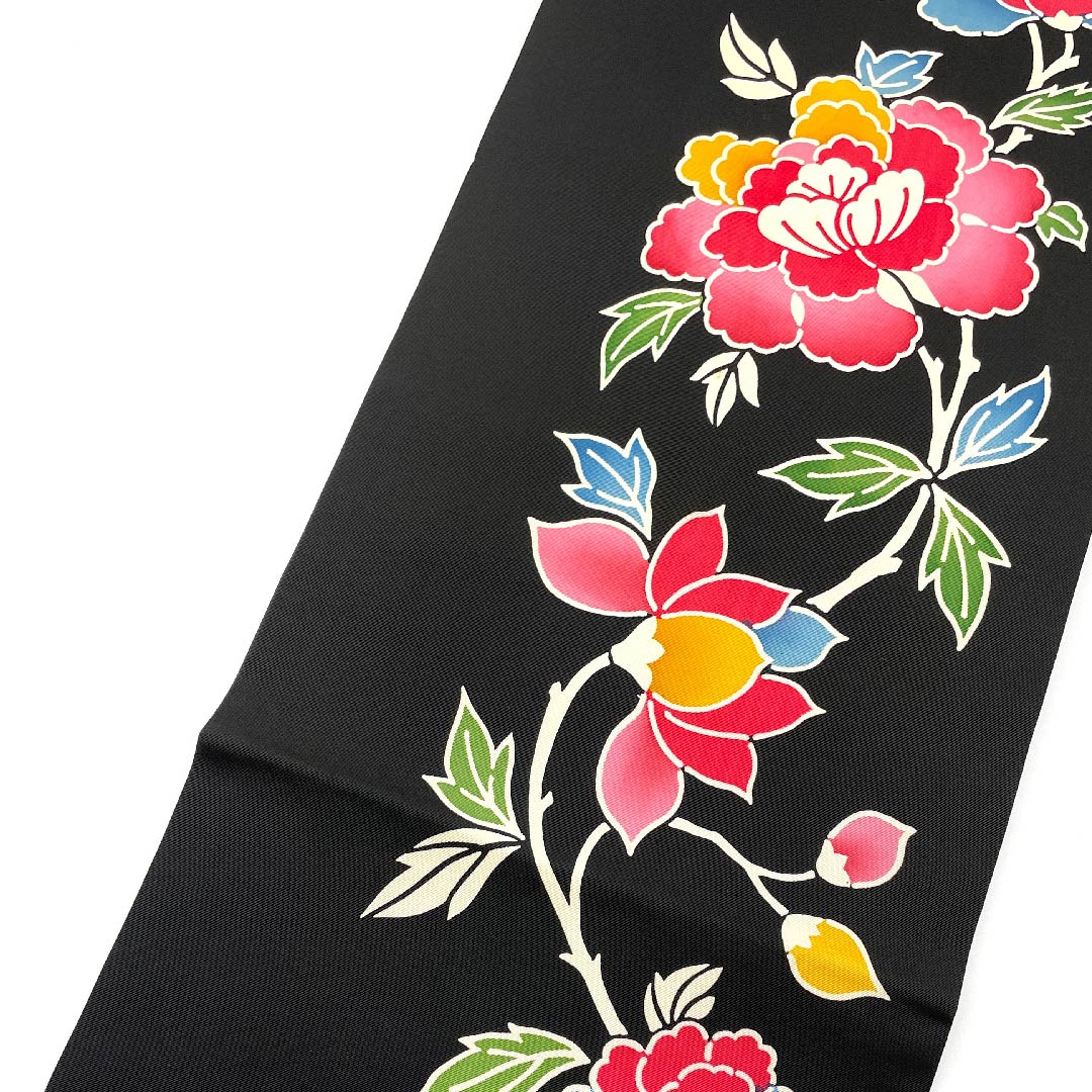 Nagoya obi, black, stencil dyed, floral pattern, obi length 370cm, pure silk, high quality, full length, casual, black, 1124004323310, Nagoya style