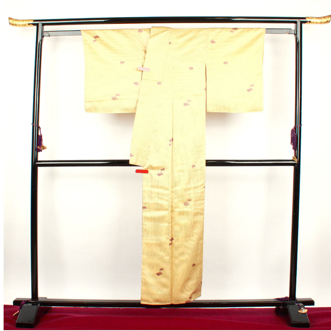 小紋 身丈153cm 裄丈60cm 袷 蜂蜜色 洗える着物 飛び柄 ポリ Aランク 黄系 1115002163223