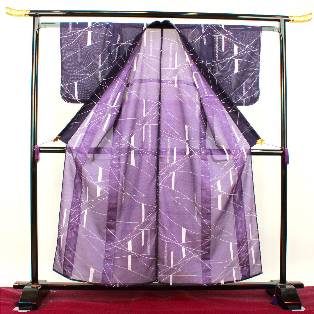 Summer item, polyester, small pattern, length 158.5cm, sleeve length 60.5cm, purple navy blue, bamboo, basting thread included, unused item, silk gauze, S rank, purple, 1132000942320