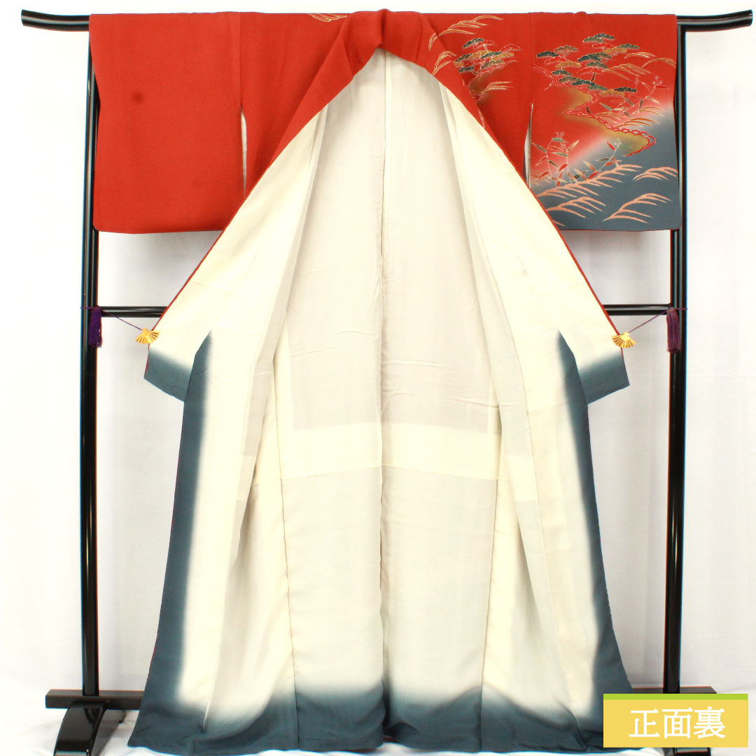 訪問着 正絹 袷 身丈165.5cm 裄丈65cm 弁柄色(べんがらいろ) 京友禅 茶屋辻風景模様 ちりめん地 Aランク 朱系 1112005923516