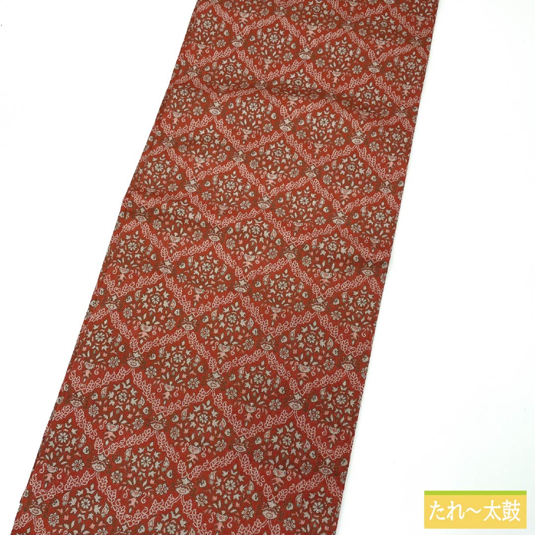 Nagoya Obi, Pure Silk, S-Rank, Benikakiiro (Red Persimmon Color), Shoba Weave, Sarasa Pattern, 330cm Length, Full Length, Casual, Orange, Item Number: 1124009362326, Nagoya Style