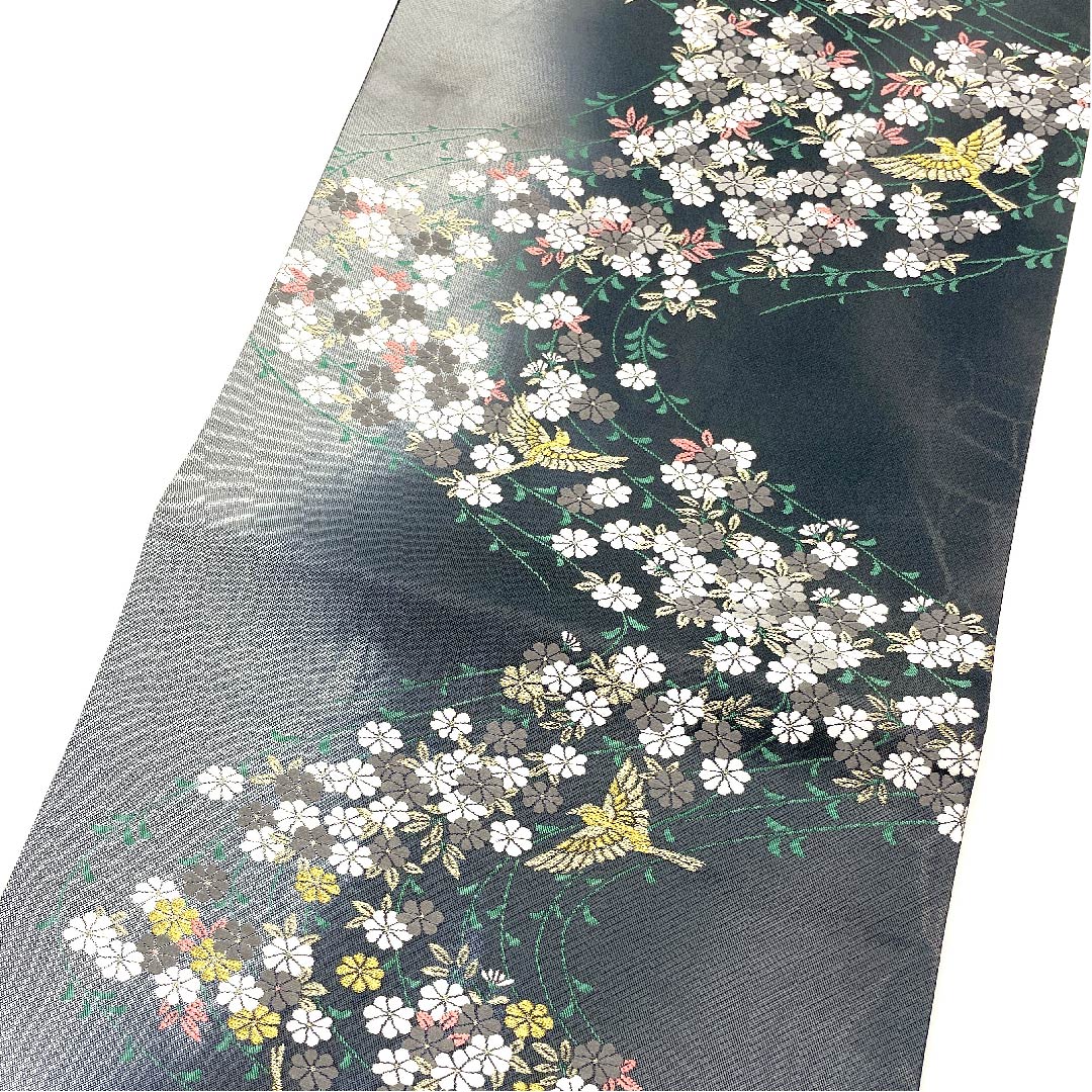 Fukuro Obi (Bag) in Noshime-iro (colored wrapping paper) with cherry blossoms, cranes and flowing water, obi length 430cm, pure silk, A rank, six-way, formal, gray, 1123002923322
