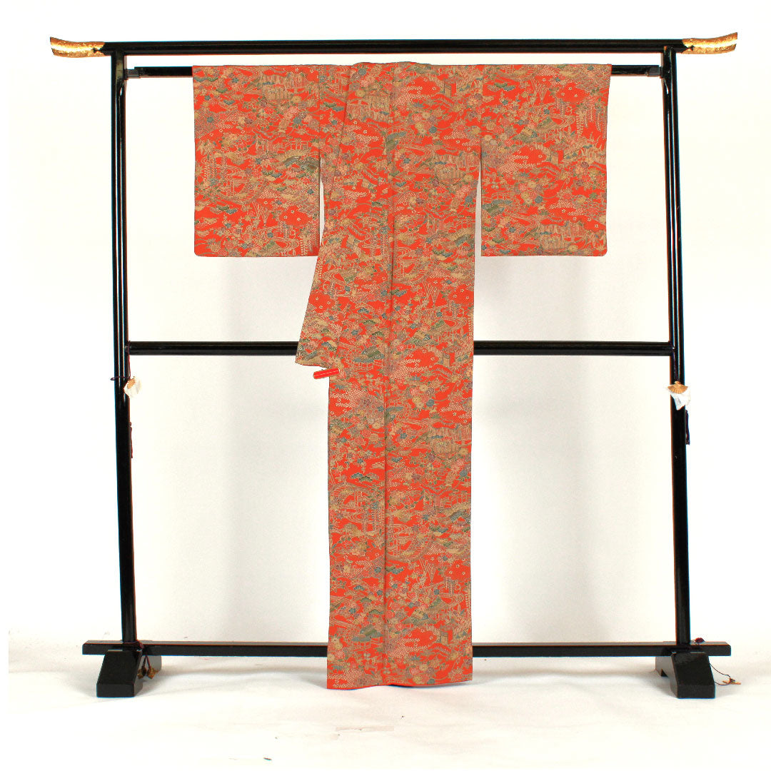小紋 身丈163.5cm 裄丈67cm 袷 茶屋辻模様 正絹 Sランク 朱系 1115001642416