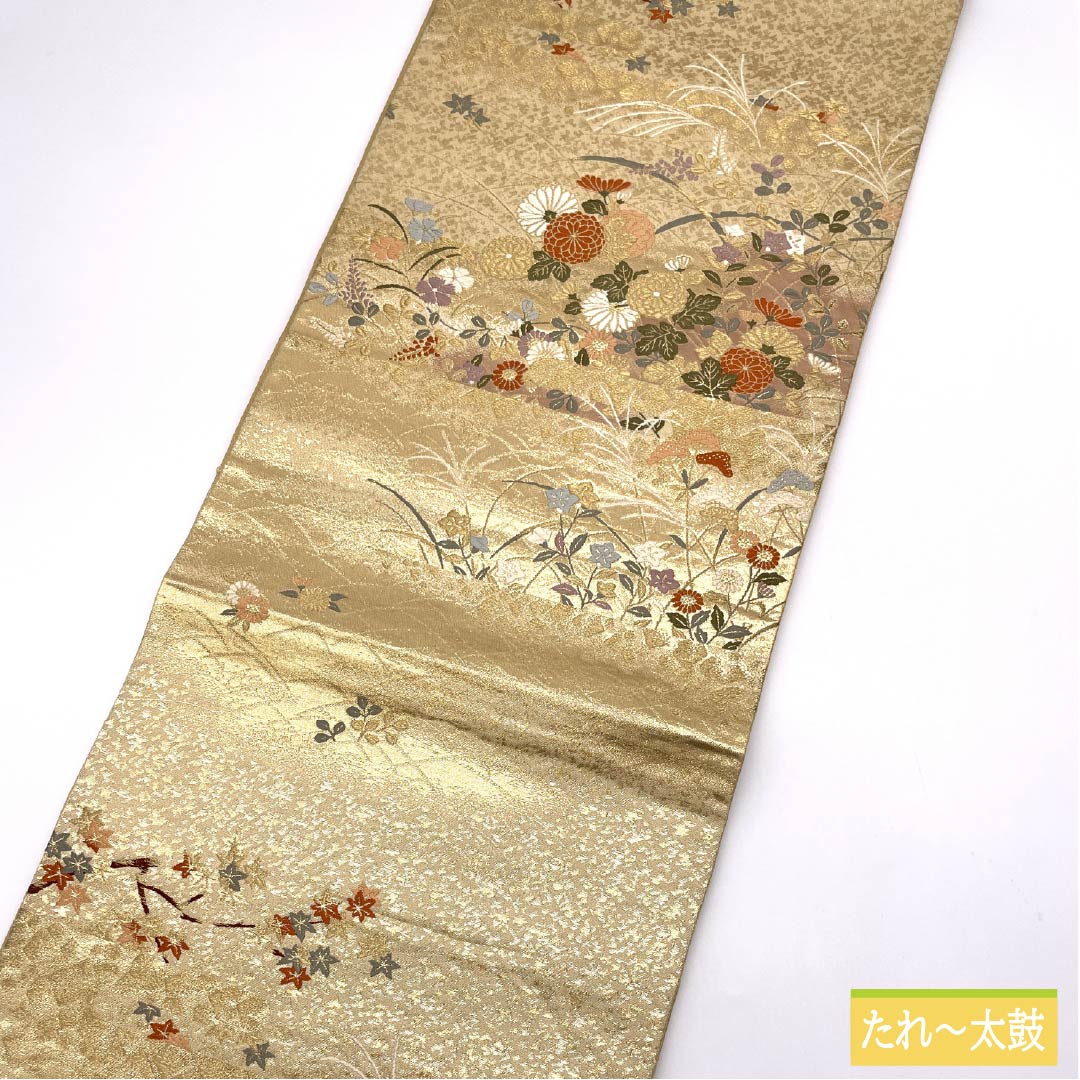 Fukuro Obi, Pure Silk, Four Seasons Flowers, For Tomesode, Length 428cm, S Rank, Six-way, Formal, Gold, 1123014032321