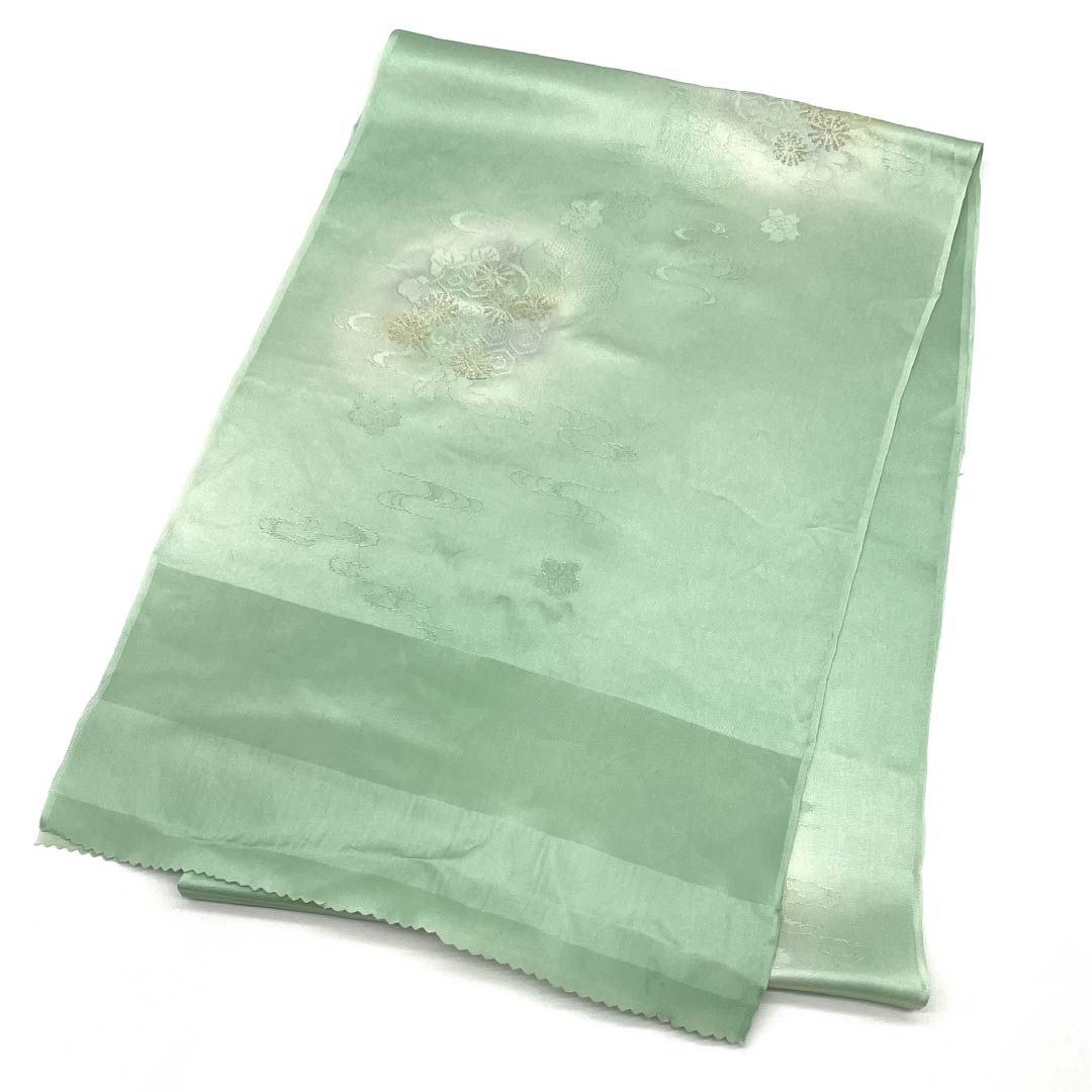 帯揚げ 正絹 Aランク セミフォーマル 薄緑色(うすみどりいろ) 桜 流水 亀甲 長さ約180cm 幅約30.5cm 緑系 1136002443919