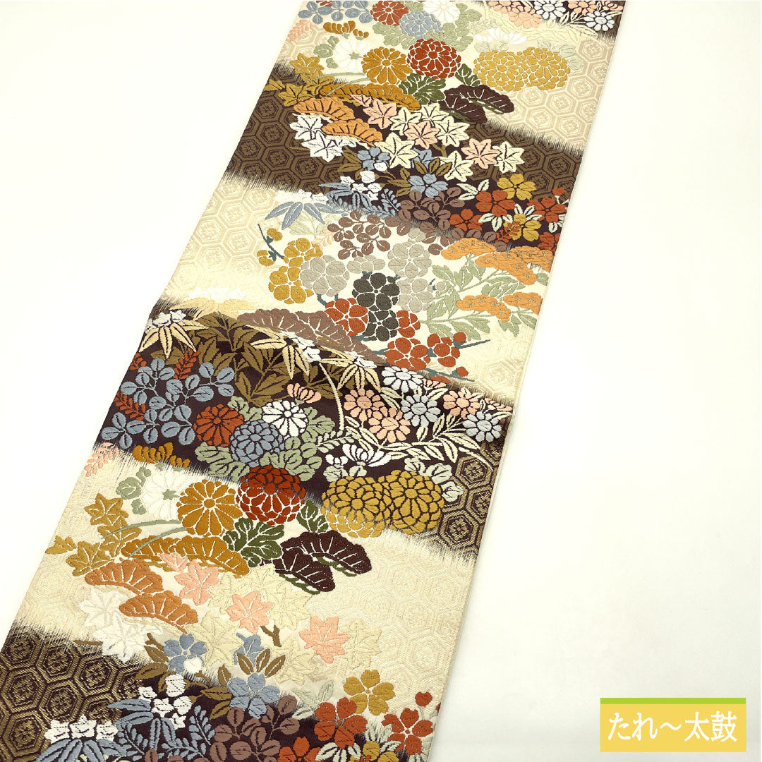袋帯 正絹 Sランク 唐織 西陣織 四季草花文 帯丈428cm 六通 フォーマル グラデーション系 1123017442399