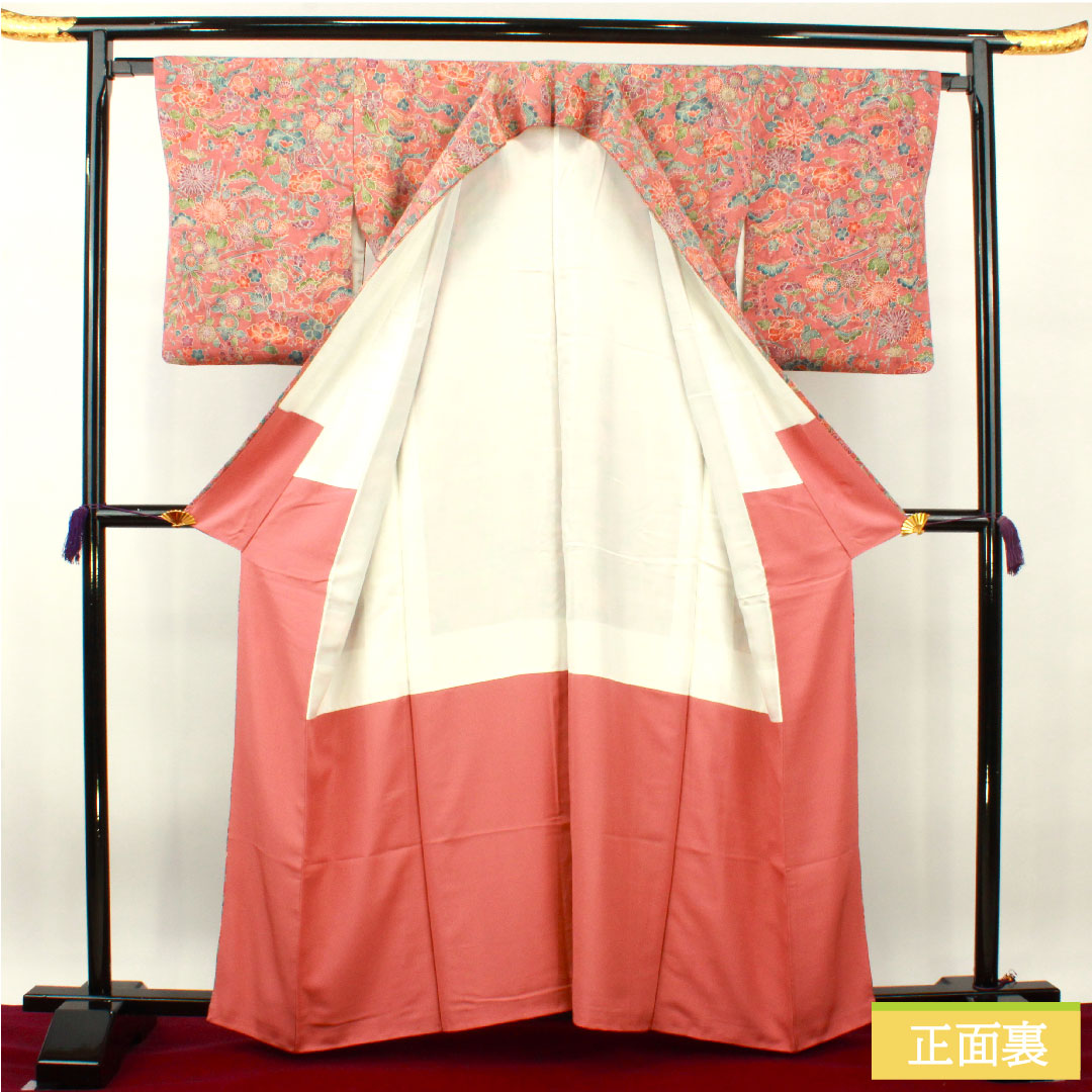 小紋 正絹 身丈160cm 裄丈65cm 袷 浅蘇芳色(あさきすおういろ) 草花模様 Sランク ピンク系 1115004102413
