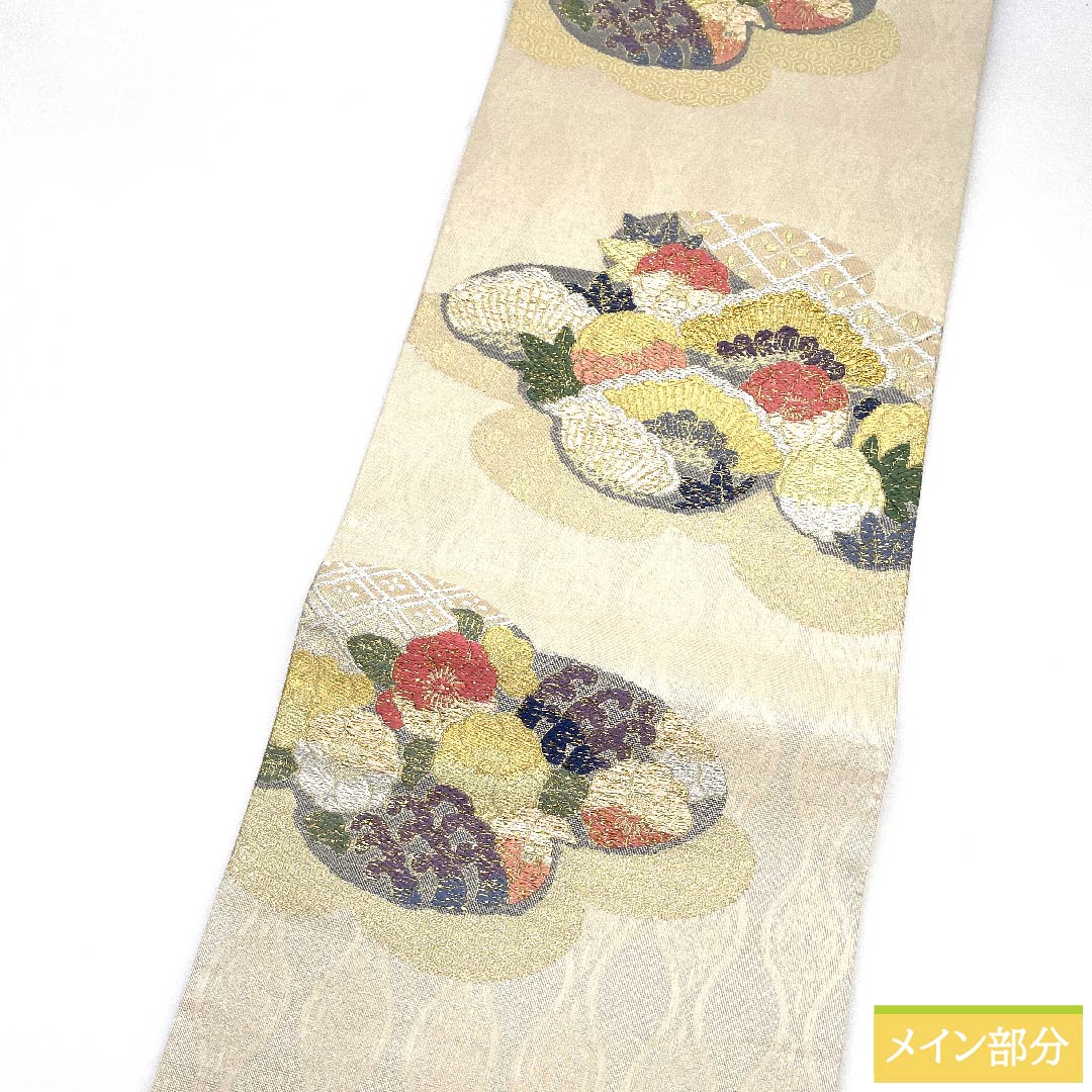 Fukuro Obi, pure silk, off-white, classic pattern, floral pattern, cloud pattern, obi length 446cm, S rank, six-pass, semi-formal, white, 1123010762311