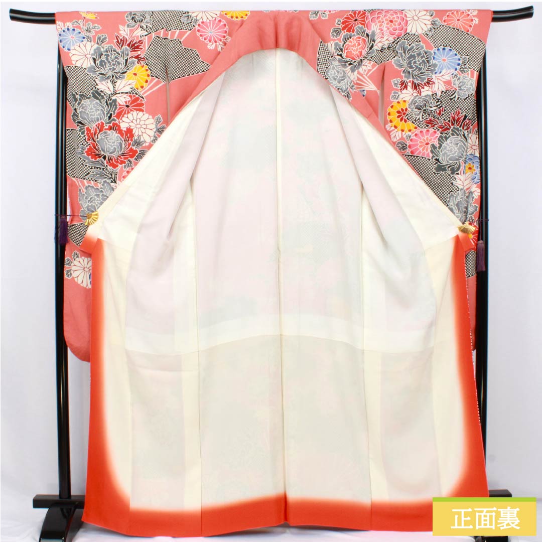 振袖 正絹 Sランク 身丈165.5cm 裄丈67cm 袷 中紅色(なかべにいろ) 京紅型 吉祥文様 ちりめん地 ピンク系 1113002472513