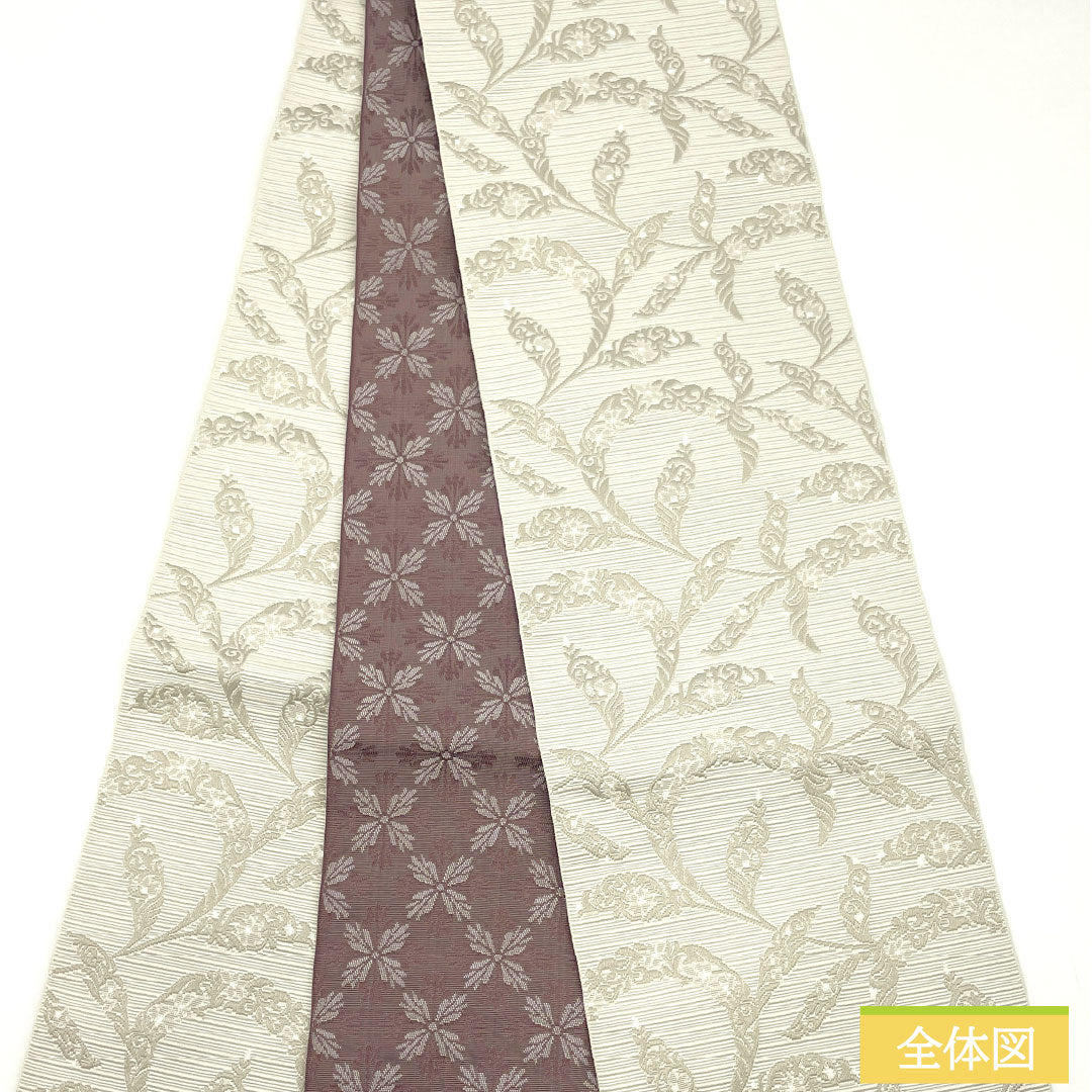 (New) Reversible Half-Width Obi, Polyester, New Rank, Pearl White, Reddish-Gray, Abstract Floral Pattern, Hishibana Style, Obi Length 400cm, Gray Tone, 1125002391422