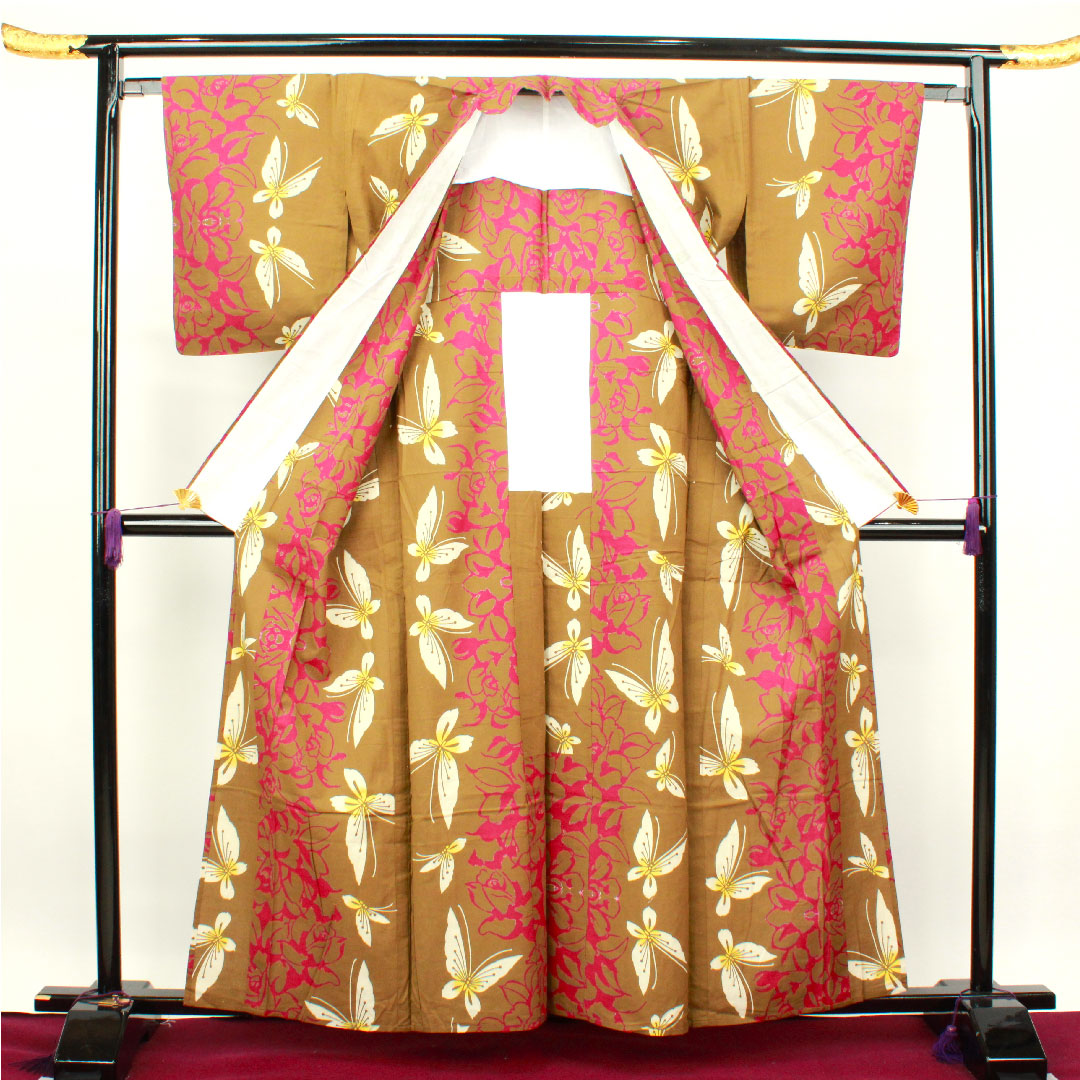 Yukata Kyara color butterfly rose cotton A rank single layer length 160.5cm sleeve length 64.5cm brown 1118001743414