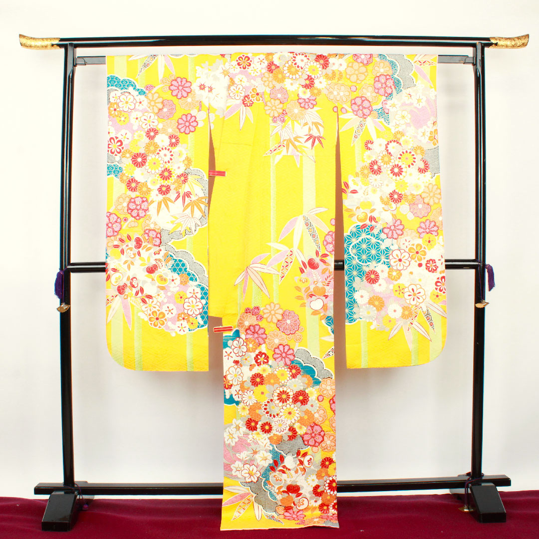 振袖 身丈177cm 裄丈70cm 袷 向日葵色 京友禅 菊 竹 正絹 Sランク 黄系 1113000942823