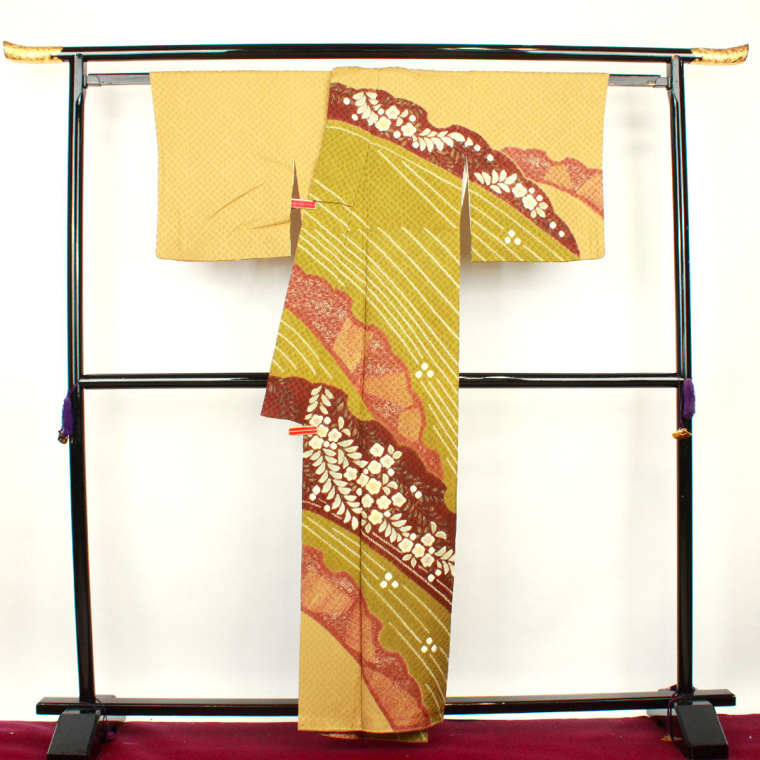 訪問着 袷 身丈158cm 裄丈65cm 楊梅色 作家物 辻ヶ花 絞り 正絹 Sランク 黄系 1112001932323