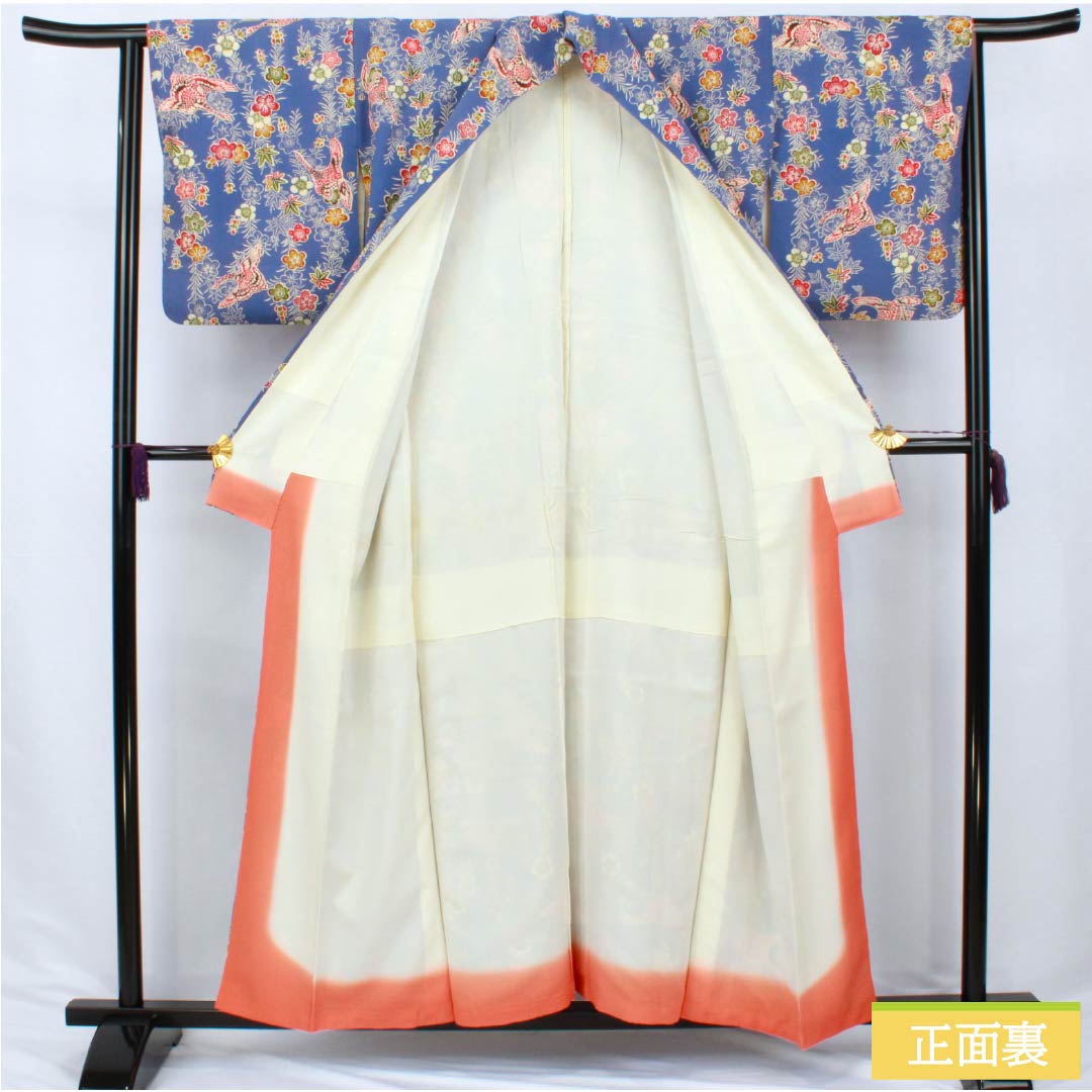 Komon (small pattern) silk, A-rank, length 155.5cm, sleeve length 63.5cm, lined, navy wisteria color, stencil dyeing, crane, plum, blue tones, 1115006863317