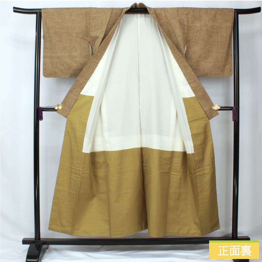 Pure silk tsumugi (pongee) kimono, length 152cm, sleeve length 64cm, agarwood color (kyara-iro), plain, with basting threads, S rank, lined, brown, product number 1116003852214