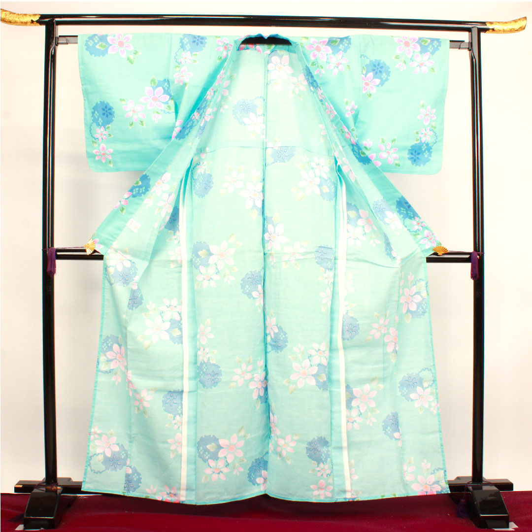 浴衣 水色 雪輪 抽象模様 木綿 Sランク 単衣 身丈162.5cm 裄丈65cm 水色系 1118002652424
