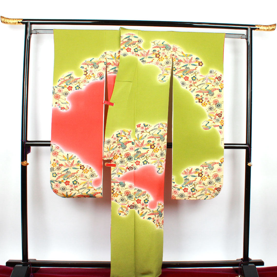 振袖 身丈162cm 裄丈65cm 袷 青丹色 京紅型 吉祥文様 正絹 Sランク 緑系 1113000872419
