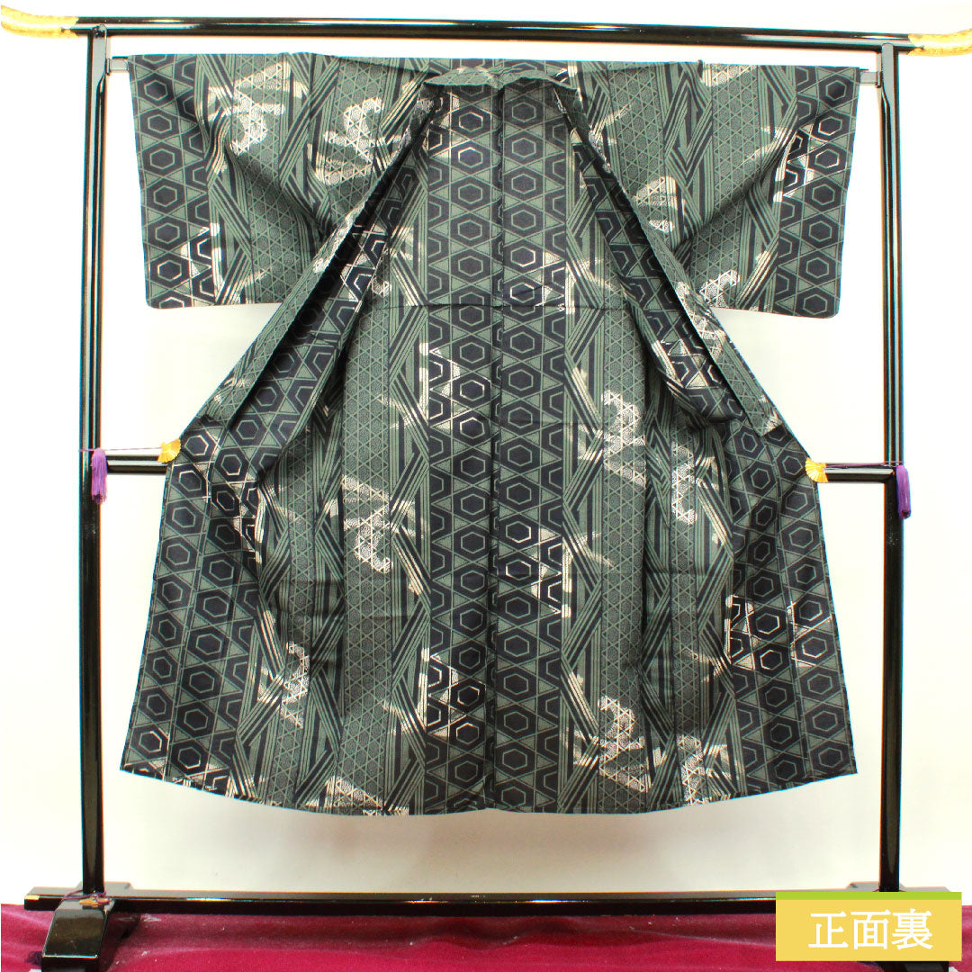 Yukata Cotton Length 142.5cm Sleeve length 67.5cm S rank Single layer Green Shimamatsunezuiro Men's Geometric pattern 1118004892419