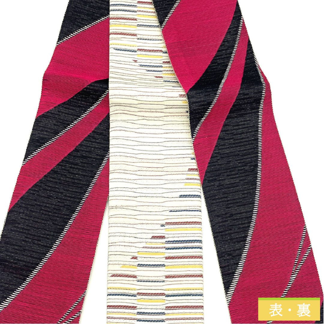 (Brand new, unused) Pure silk obi, strawberry-colored, geometric pattern, full-length, 426cm long, 10cm wide, gradient finish. Product code: 1134000631999
