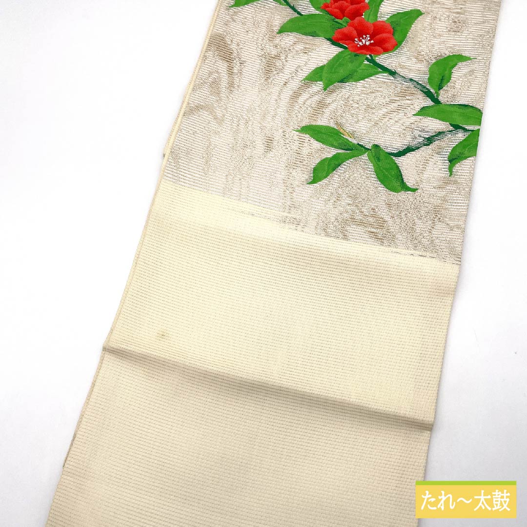 Nagoya Obi, Pure Silk, Off-White, Summer Obi, Camellia Pattern, 362cm Long, Rank B, Pointed Pattern, Semi-Formal, Cream, Item No. 1124008774315, Nagoya Style