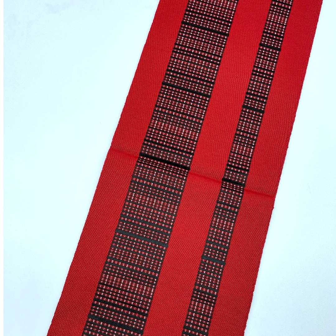 京袋帯 赤色 ちぐさ帯 格子 単衣 帯丈399cm 正絹 Sランク 全通 カジュアル 赤系 1123008422312