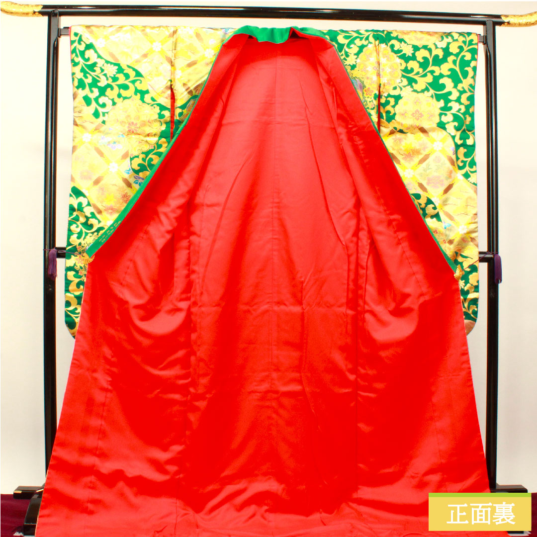 Colored uchikake, pure silk, length 196cm, sleeve length 68.5cm, gold leaf finish, phoenix, cloisonne, floral pattern, auspicious motif, S rank, lined, green, 1110000692919