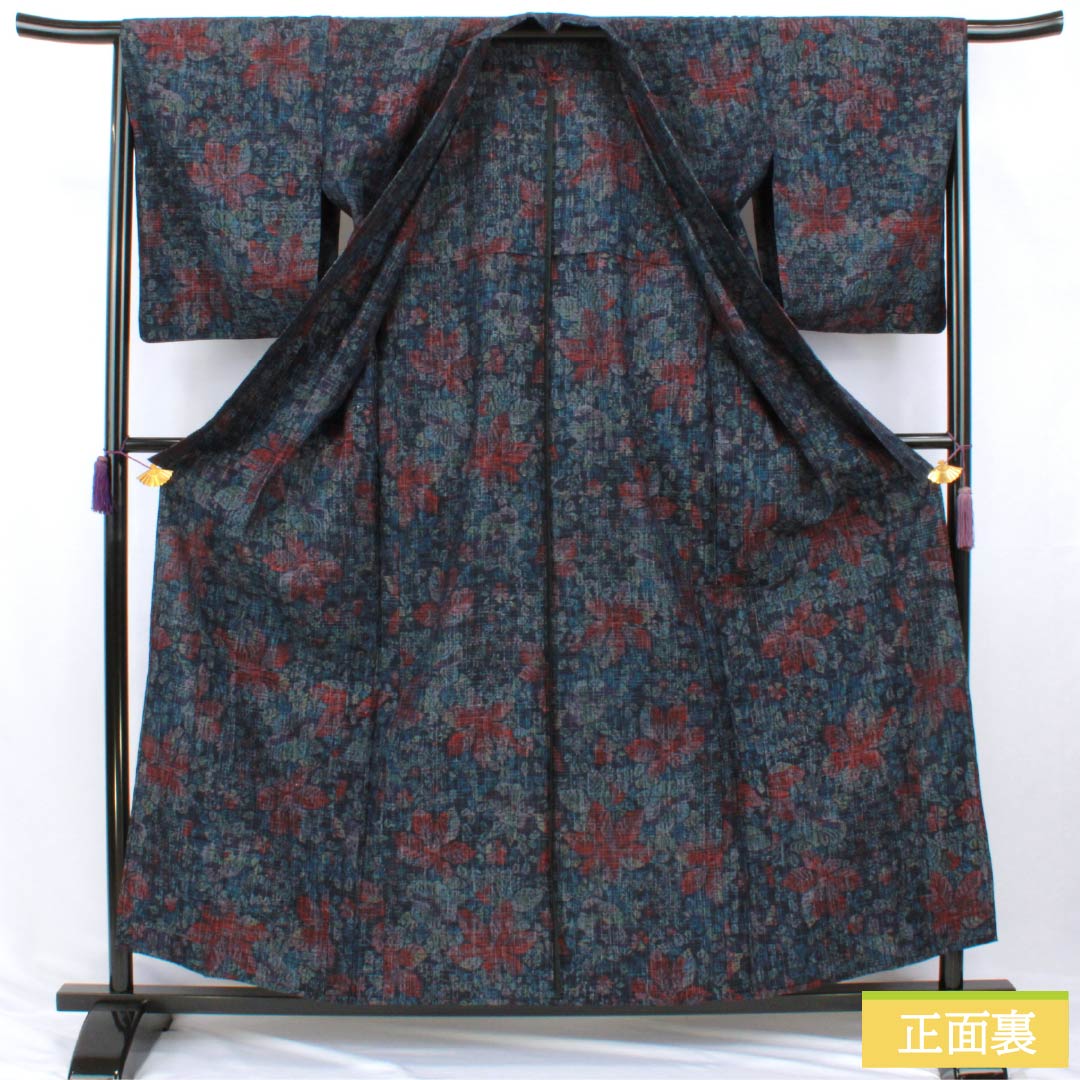 Tsumugi Silk S Rank Length 159.5cm Sleeve Length 66cm Dark Blue Floral Pattern Unlined Navy 1116005152318