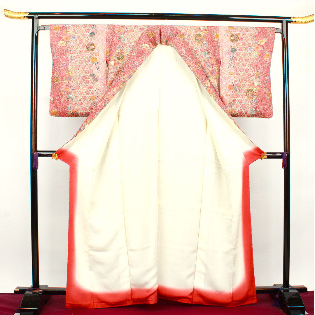 小紋 身丈163.5cm 裄丈64cm 袷 小豆色 草花模様 正絹 Aランク 赤系 1115003293412
