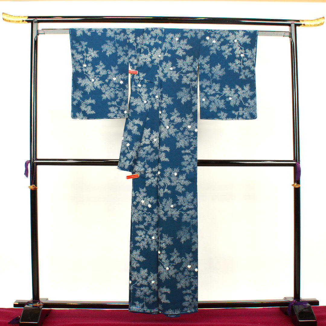 小紋 身丈158cm 裄丈59cm 袷 紺鉄色 紅葉 正絹 Aランク 紺系 1115002693318