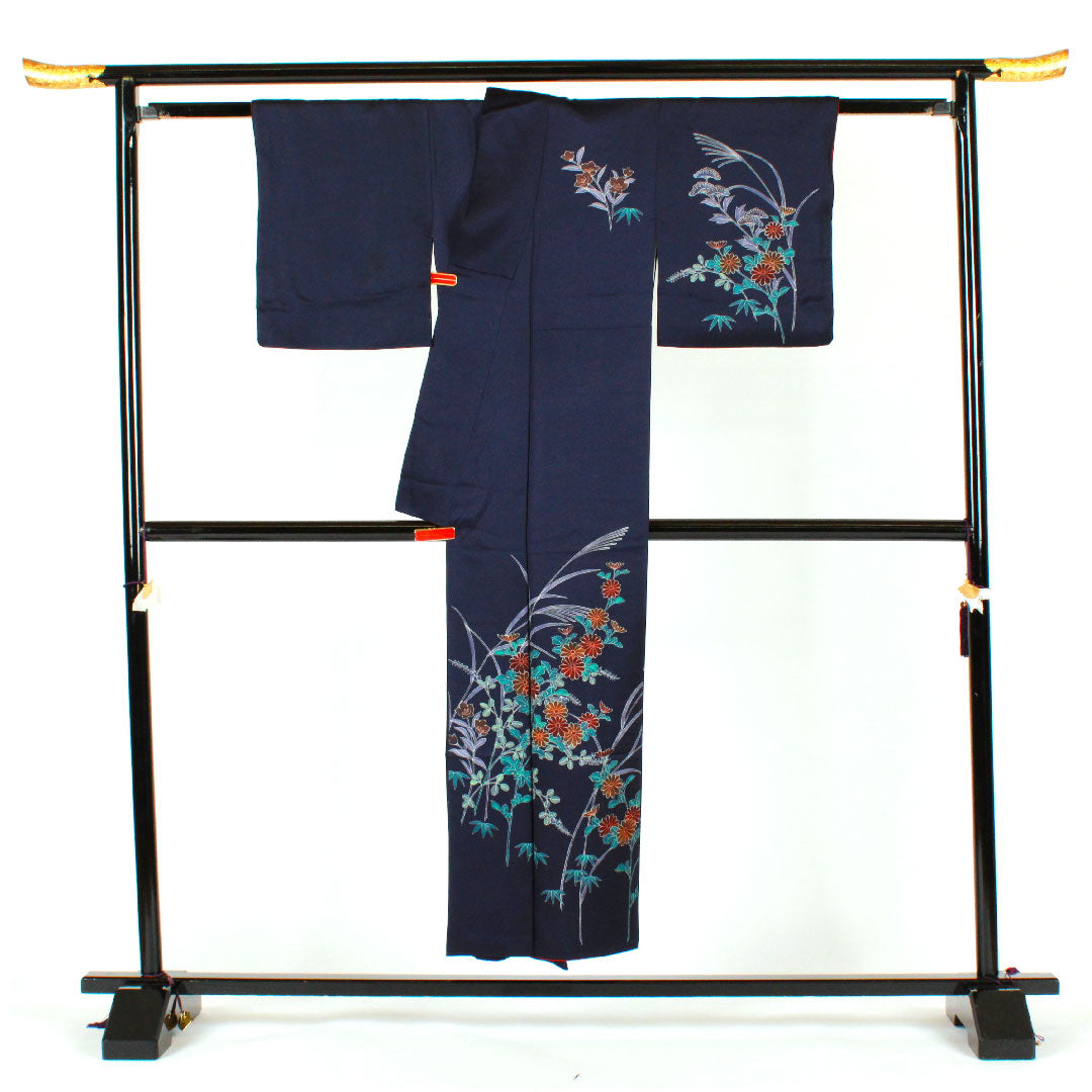 訪問着 袷 身丈150cm 裄丈59.5cm 四季の花 正絹 Aランク 紺系 1112001083118