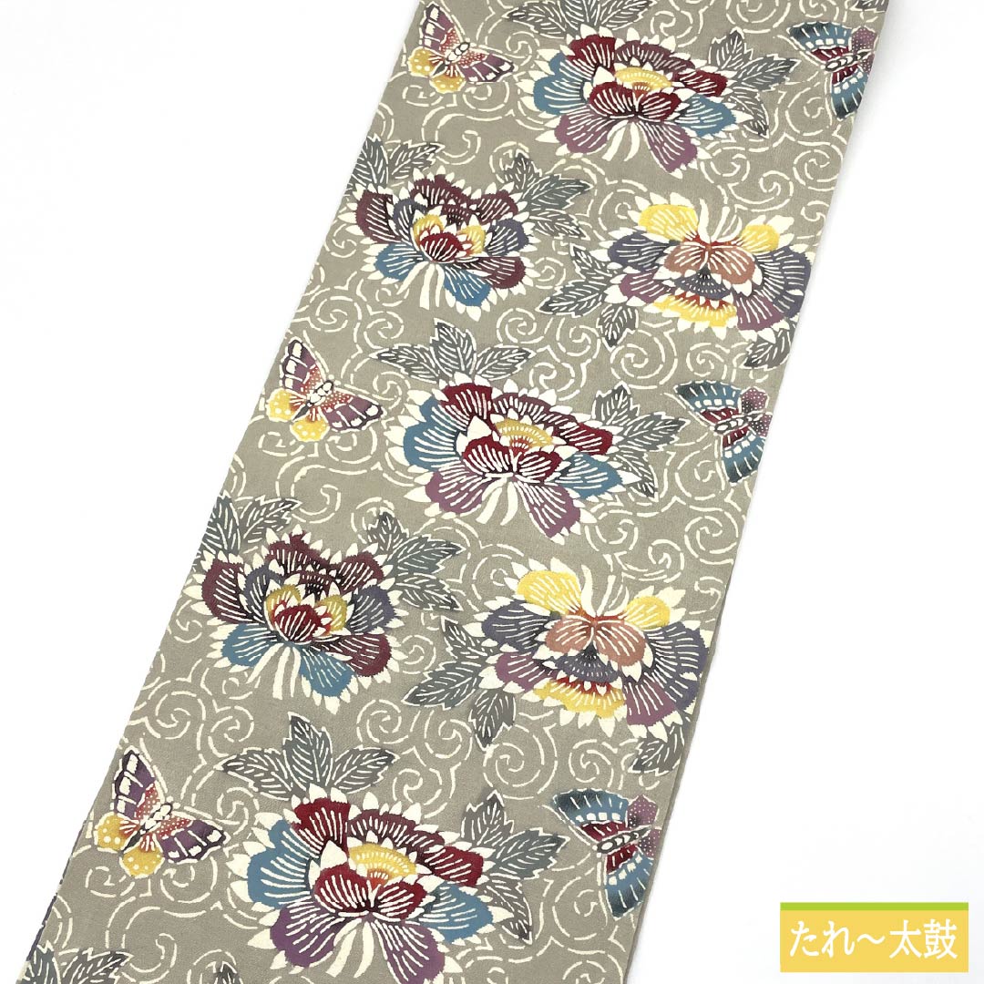 Nagoya Obi, Pure Silk, Grade B, Silk Gray, Bingata-style Stencil Dyeing, Peony Design, Length 347cm, Six-fold, Casual, Gray, Product Number 1124010484322, Nagoya Style