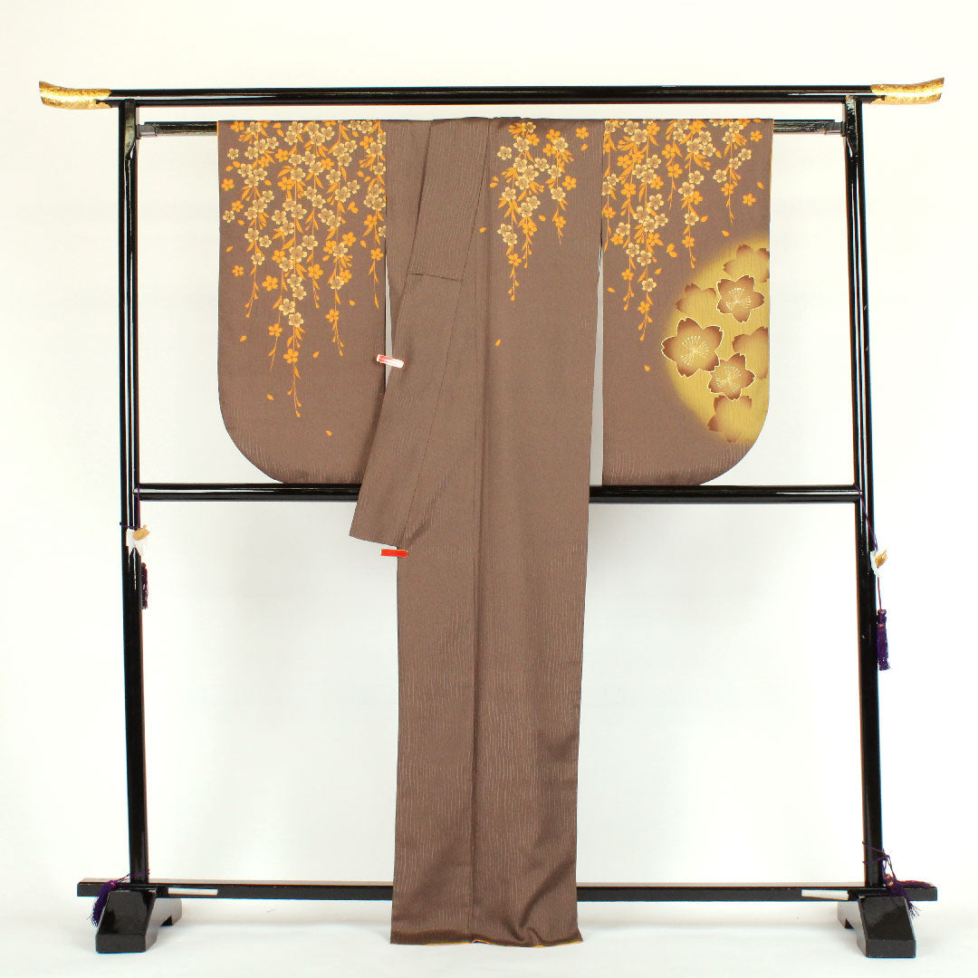 訪問着 ポリエステル 袷 身丈167cm 裄丈67cm 洗える着物 桜 Aランク 茶系 1112000393514