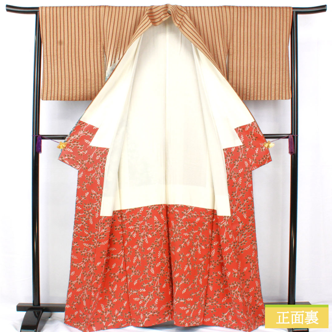 訪問着 正絹 袷 身丈165cm 裄丈63cm 土色(つちいろ) 縞 萩 Aランク 茶系 1112005743514